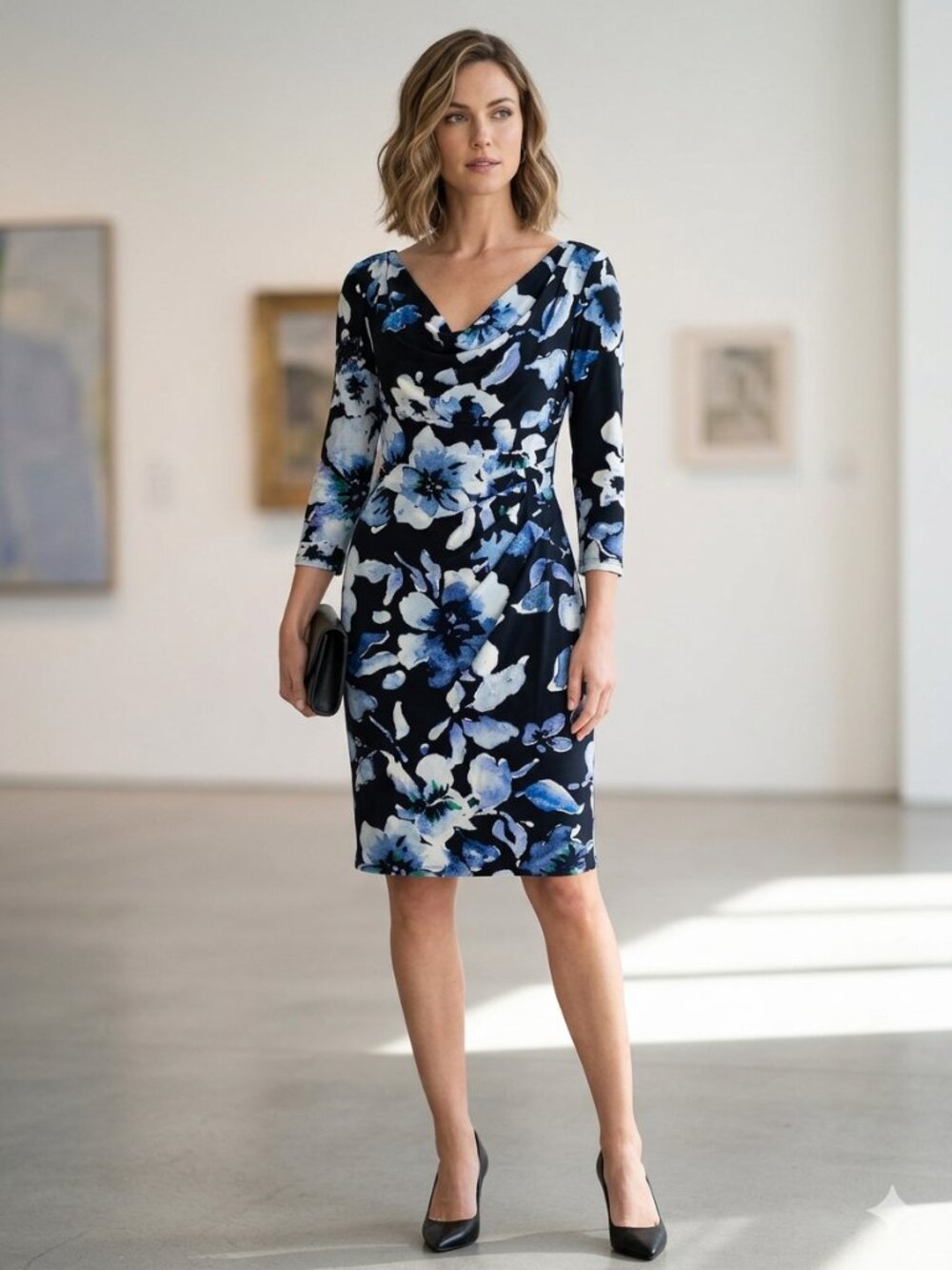 Lauren Ralph Lauren Floral Cowl Neck Ruched Sheath Dress Size 2 Blue Black EUC